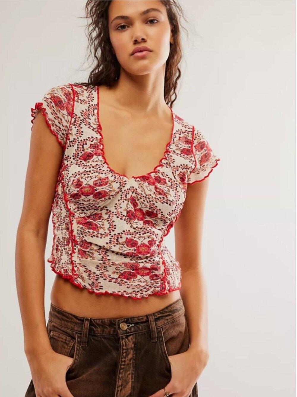 Free People Red Floral Ruffled Short Sleeve Top
